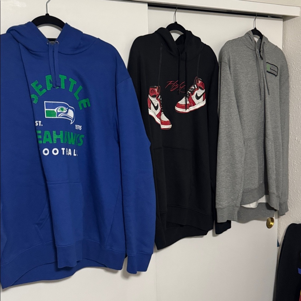 Several hoodies all different brands and colors selling separately.